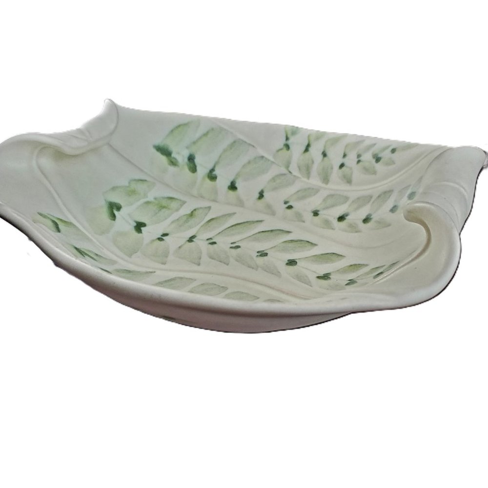 Vintage Mid-size Handmade Ceramic Dish by HILBORN POTTERY Cream & Leafy Design